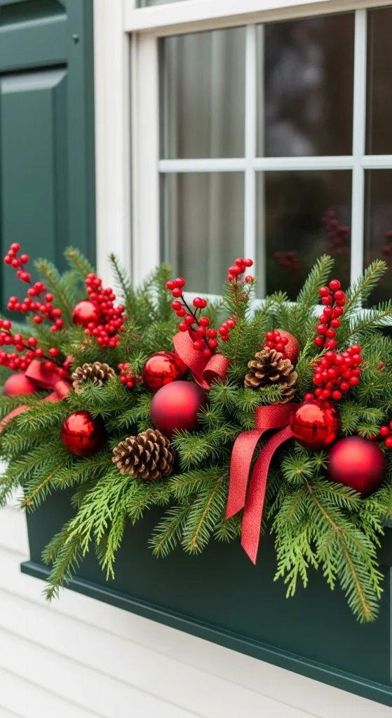 15 Christmas Window Box Ideas to Transform Your Home Exterior 4 1. Classic Evergreen Christmas Window Box with Red Accents