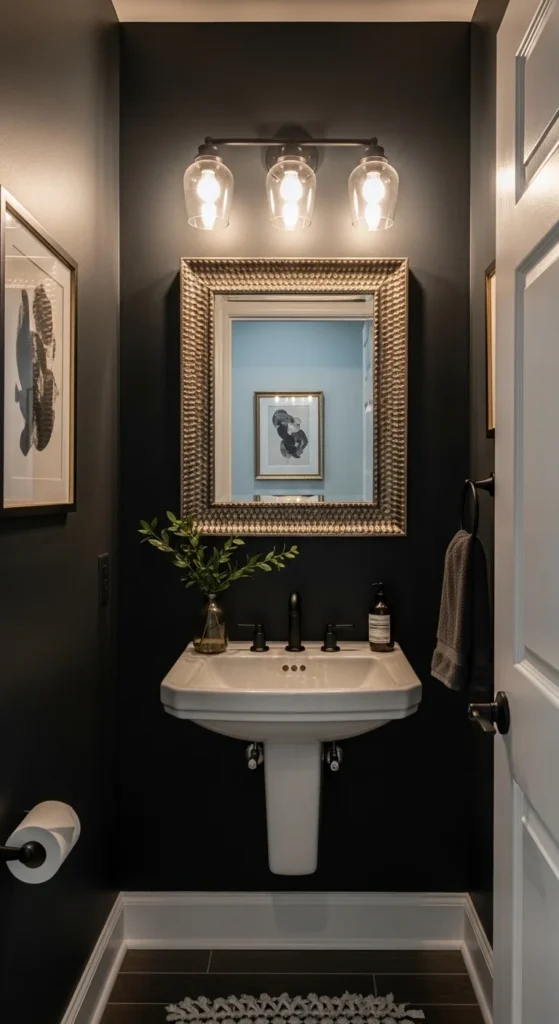 17 Stunning Moody Powder Bathroom Ideas for Small Spaces 4 1. Deep Charcoal Walls for a Timeless Moody Powder Bathroom