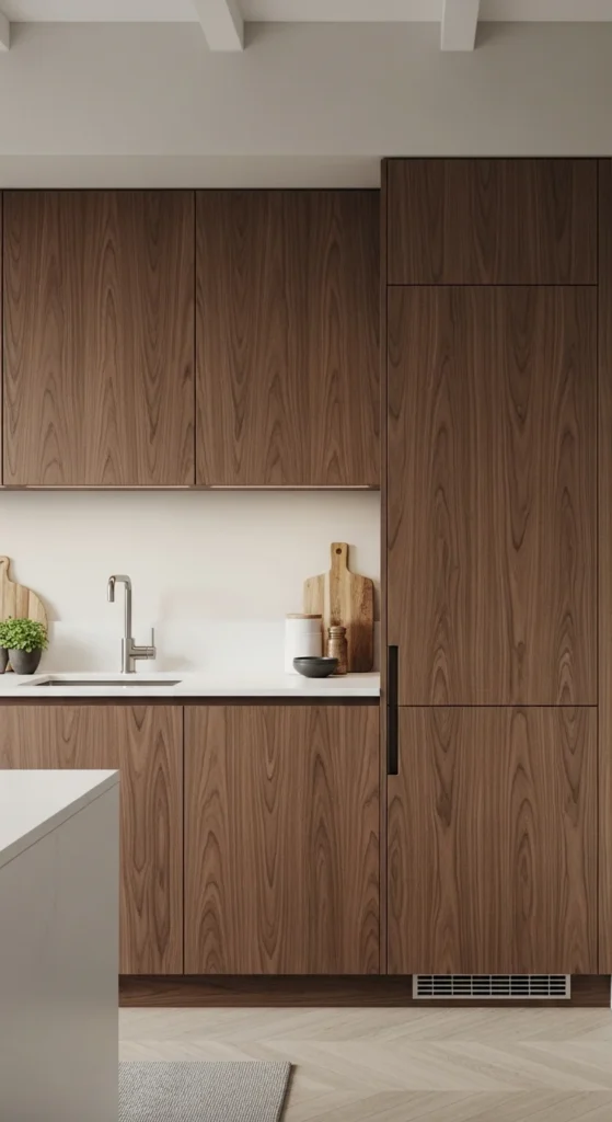 17 Modern Walnut Kitchen Cabinets Ideas for Stylish Design 4 1. Minimalist Flat Panel Modern Walnut Kitchen Cabinets