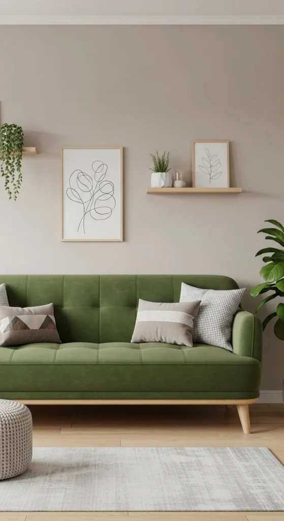 17 Green Couch Living Room Ideas for a Fresh and Vibrant Home 4 1. Pairing a Green Couch with Neutral Walls