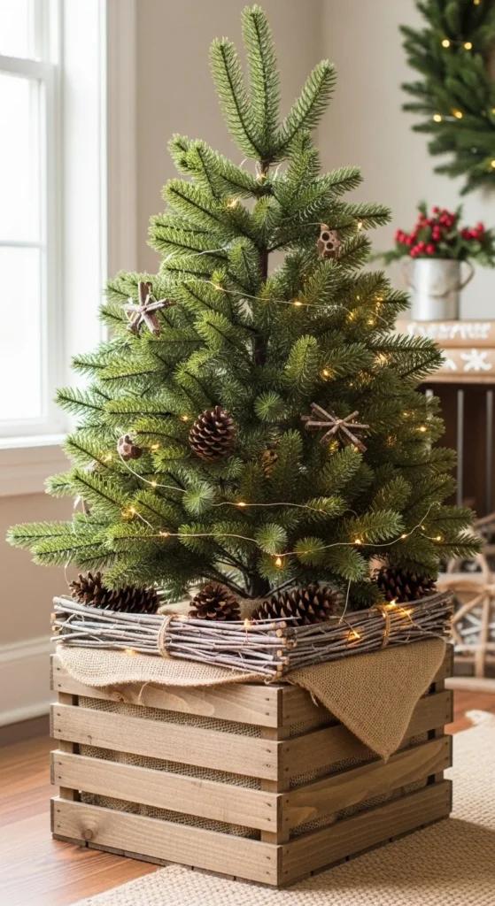 17 Christmas Tree Planter Styling Ideas for Festive Decor 4 1. Rustic Christmas Tree Planter Styling with Wooden Crates