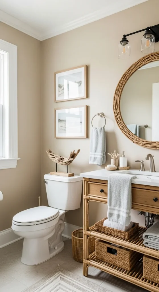 19 Stunning Beach Bathroom Ideas for a Coastal Retreat 4 1. Soft Sand Colored Walls for a Serene Beach Bathroom