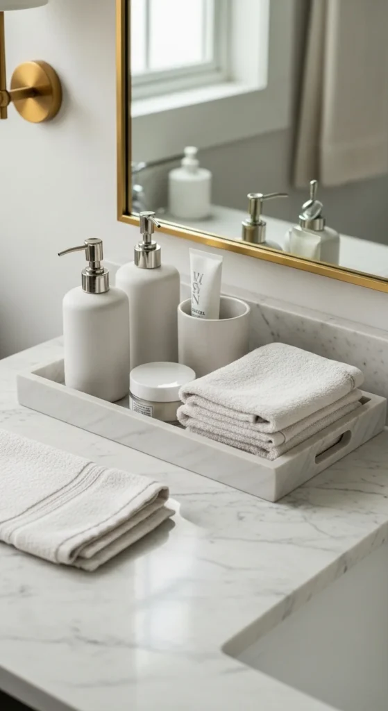 13 Bathroom Counter Decor Ideas for a Stylish and Organized Bathroom 4 1. Use Decorative Trays for Organized Bathroom Counter Decor
