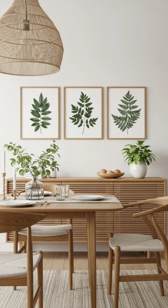 19 Organic Dining Room Ideas for Calm Nature Inspired Space Ideas 13 10. Display Minimalist Botanical Wall Art