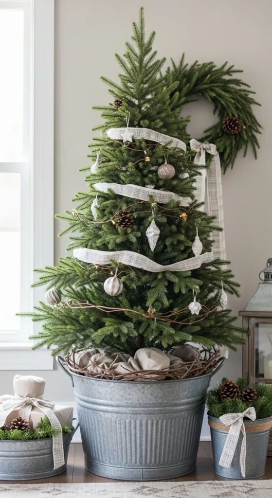 17 Christmas Tree Planter Styling Ideas for Festive Decor 13 10. Farmhouse Christmas Tree Planter Styling with Galvanized Metal