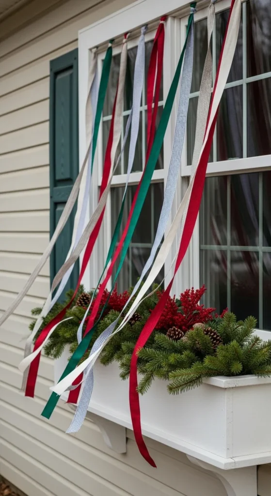 15 Christmas Window Box Ideas to Transform Your Home Exterior 13 10. Hanging Ribbon Christmas Window Box for a Festive Touch