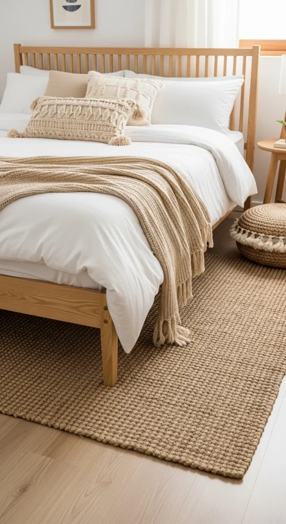 19 Natural Bedroom Oasis Ideas for a Calm Sleep Sanctuary 13 10. Introduce Natural Fiber Rugs for Comfort and Texture