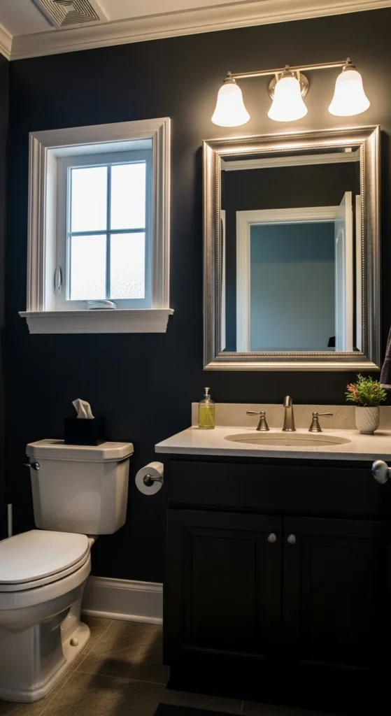 17 Stunning Moody Powder Bathroom Ideas for Small Spaces 13 10. Moody Powder Bathroom with High Contrast Trim