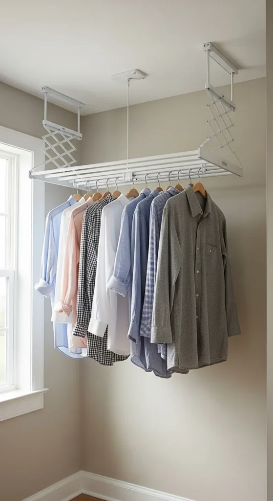 19 Laundry Mud Room Ideas That Combine Style, Storage, and Smart Organization 13 10. Overhead Drying Racks for Air Dry Convenience