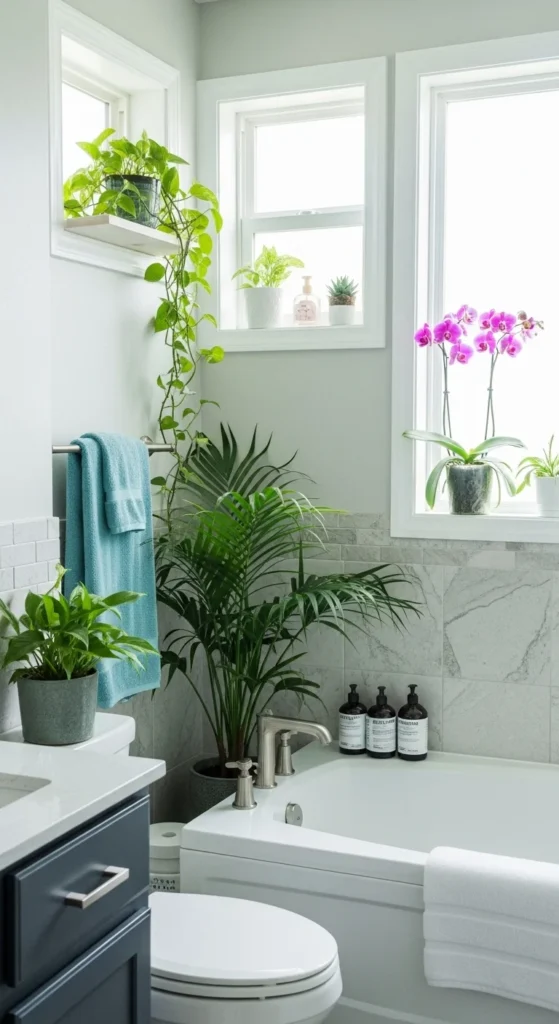 19 Stunning Beach Bathroom Ideas for a Coastal Retreat 13 10. Tropical Plant Accents That Bring Life Indoors