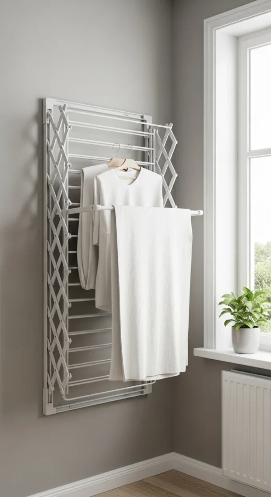 13 Small Laundry Stackable Room Ideas to Maximize Style Tips 14 11. Add a Folding Drying Rack Above Washer Dryer