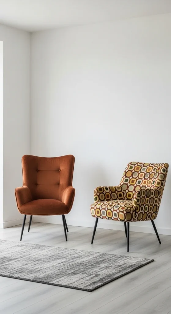 17 Embracing 70s Interior Design Ideas in Modern Homes 14 11. Bold Accent Chairs and Lounge Seating