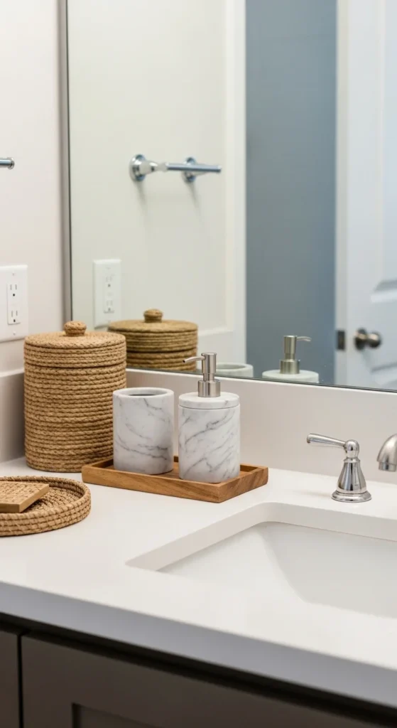 13 Bathroom Counter Decor Ideas for a Stylish and Organized Bathroom 14 11. Include Natural Materials in Bathroom Counter Decor