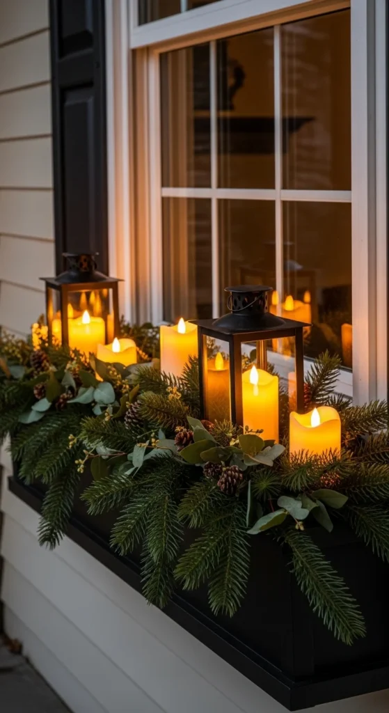 15 Christmas Window Box Ideas to Transform Your Home Exterior 14 11. Lantern Accented Christmas Window Box for Cozy Lighting