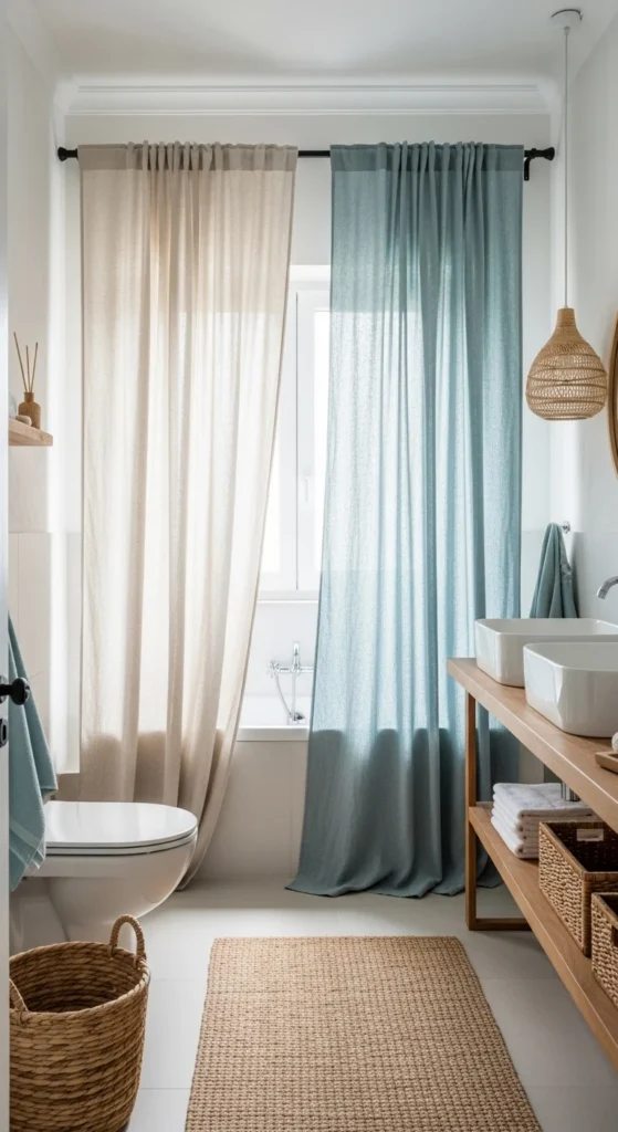 19 Stunning Beach Bathroom Ideas for a Coastal Retreat 14 11. Light Linen Curtains to Soften Natural Sunlight
