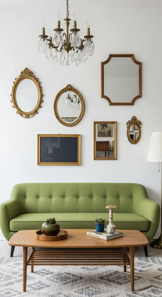 17 Green Couch Living Room Ideas for a Fresh and Vibrant Home 14 11. Mixing Modern and Vintage Pieces