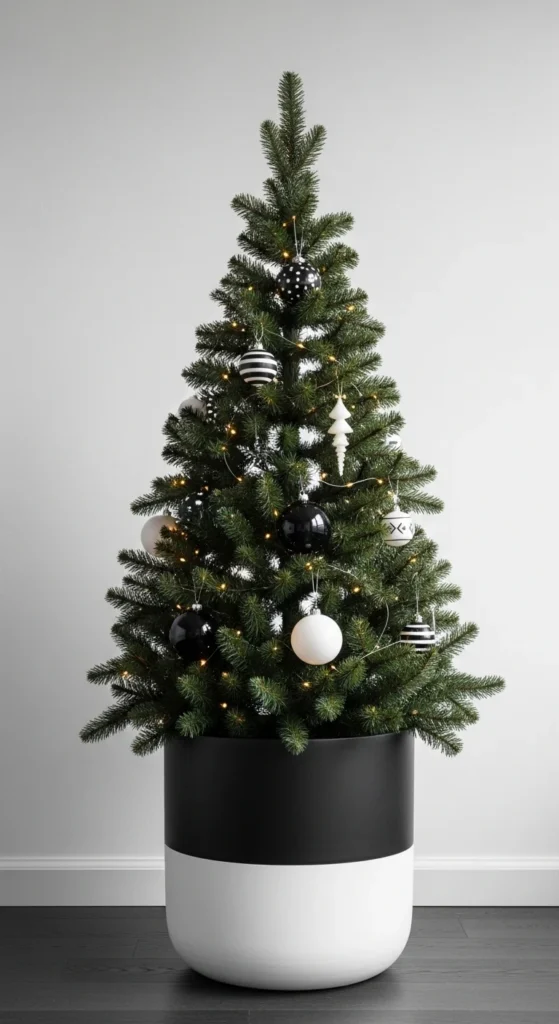 17 Christmas Tree Planter Styling Ideas for Festive Decor 14 11. Modern Black and White Christmas Tree Planter Styling