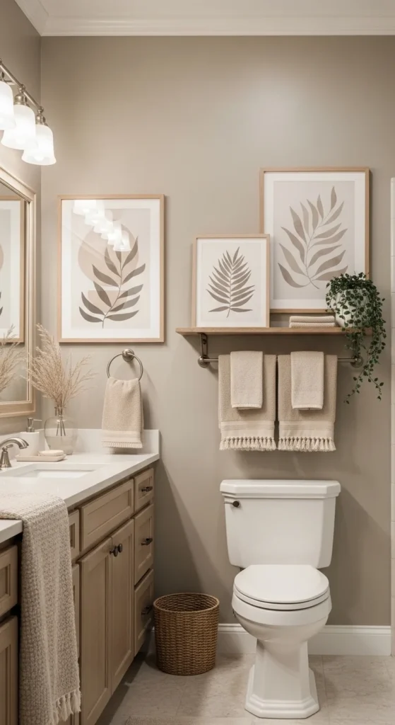13 Warm Neutral Bathroom Ideas for a Cozy Retreat 14 11. Neutral Artwork for Subtle Personality