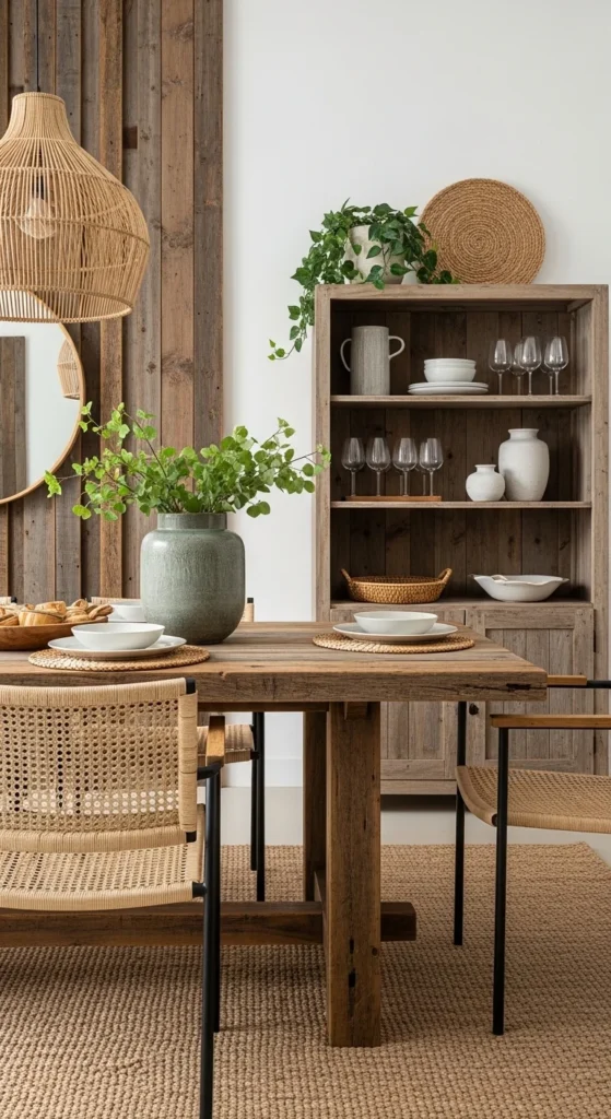 13 Natural Dining Room Oasis Ideas for Peaceful Inviting Space 14 11. Reclaimed Wood Features in a Natural Dining Room Oasis