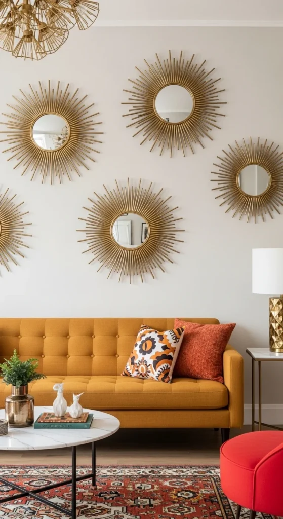 15 Creative 70s Interior Design Retro Look Ideas for Stylish Living Spaces 14 11. Statement Mirrors and Metallic Accents
