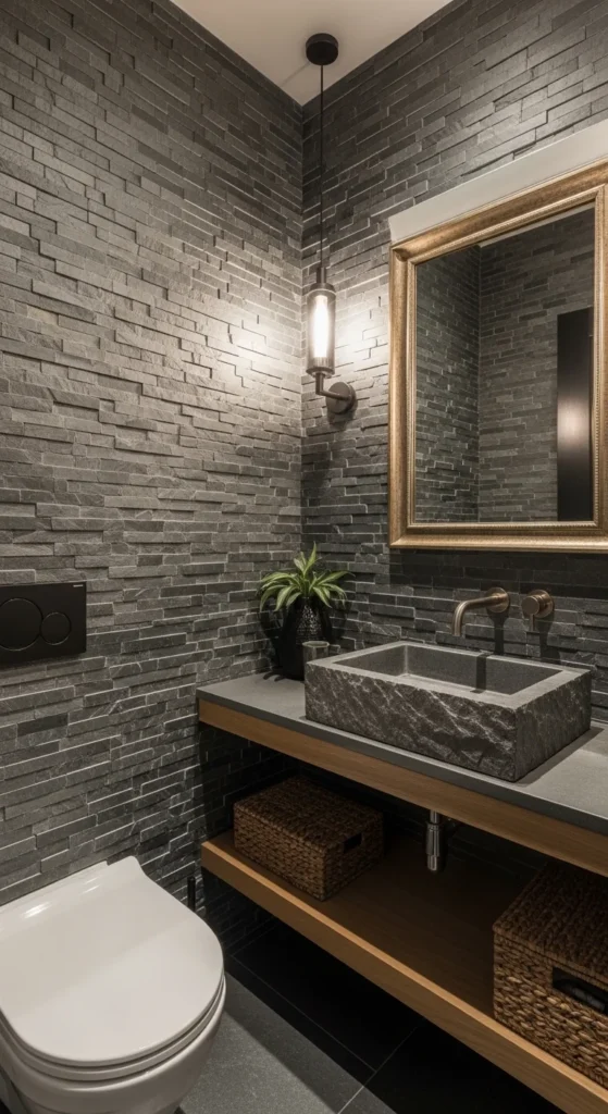 17 Stunning Moody Powder Bathroom Ideas for Small Spaces 14 11. Stone and Slate Finishes for an Earthy Moody Look