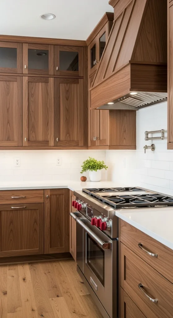 17 Modern Walnut Kitchen Cabinets Ideas for Stylish Design 14 11. Walnut Cabinets with White Backsplash