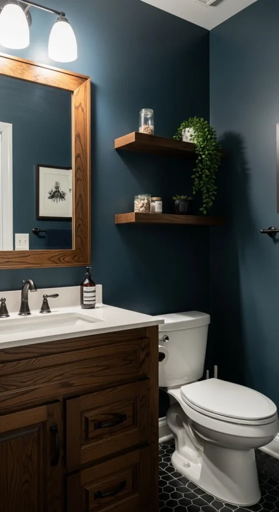 17 Stunning Moody Powder Bathroom Ideas for Small Spaces 15 12. Dark Wood Accents to Warm Up the Space Naturally