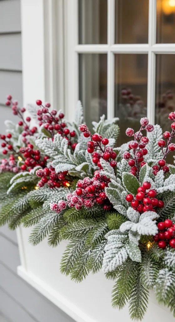 15 Christmas Window Box Ideas to Transform Your Home Exterior 15 12. Frosted Berry Christmas Window Box for a Festive Pop