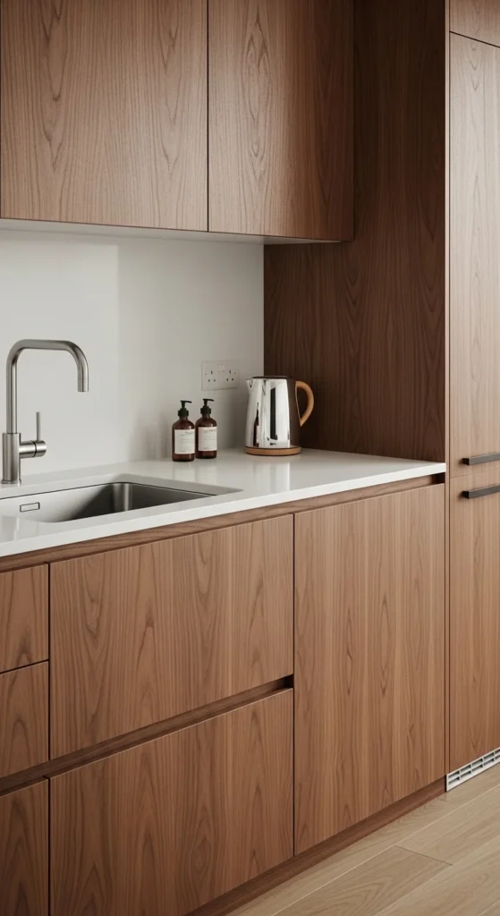 17 Modern Walnut Kitchen Cabinets Ideas for Stylish Design 15 12. Handleless Modern Walnut Kitchen Cabinets