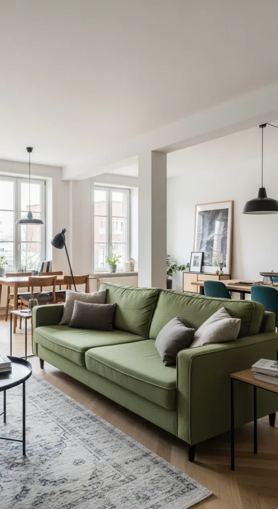 17 Green Couch Living Room Ideas for a Fresh and Vibrant Home 15 12. Integrating Green Couch in Open Spaces