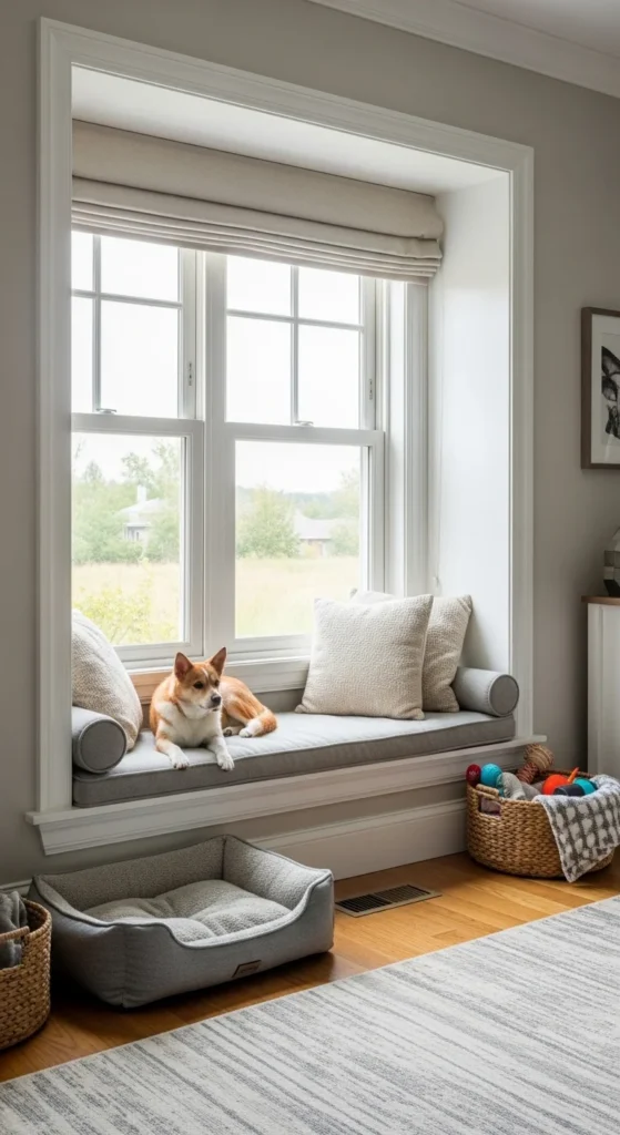 15 Living Room Window Nook Ideas for a Cozy and Stylish Space 15 12. Pet Friendly Window Nook