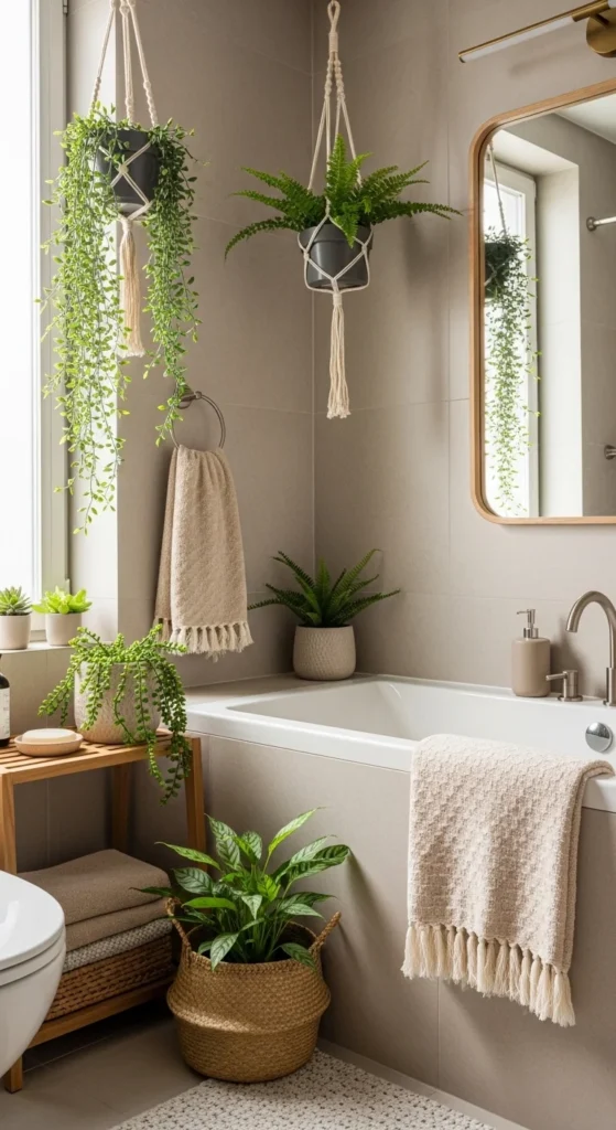 13 Warm Neutral Bathroom Ideas for a Cozy Retreat 15 12. Plants and Greenery for Natural Contrast