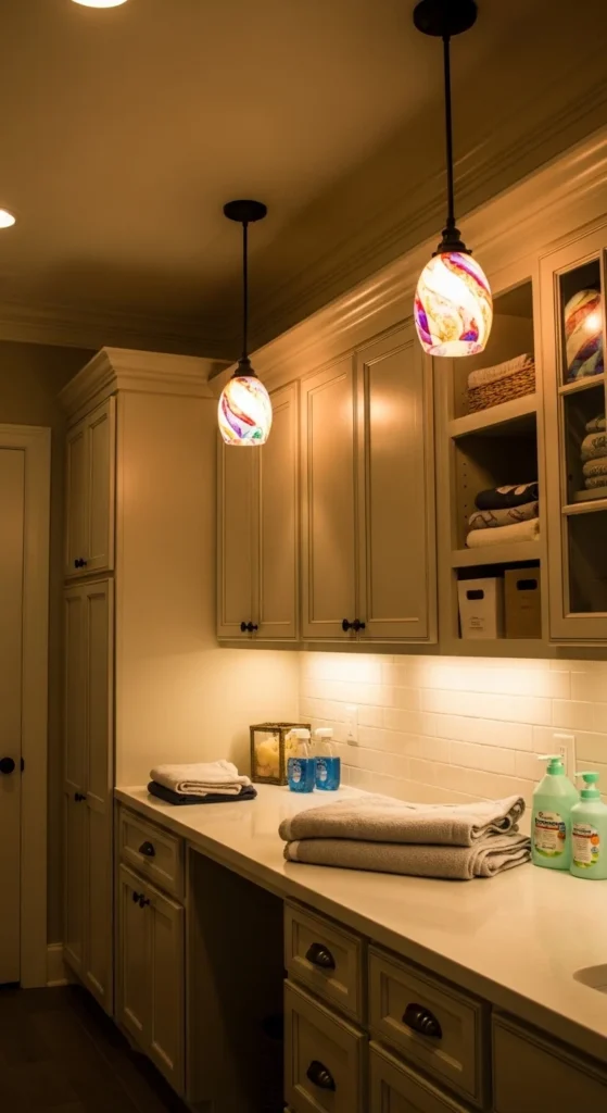19 Laundry Mud Room Ideas That Combine Style, Storage, and Smart Organization 15 12. Statement Lighting for a Warm and Inviting Atmosphere