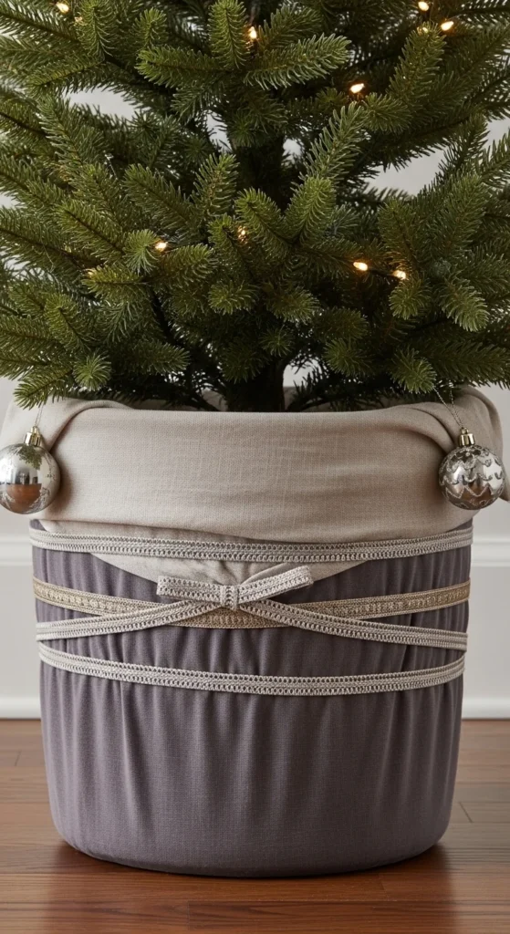 17 Christmas Tree Planter Styling Ideas for Festive Decor 16 13. Elegant Indoor Christmas Tree Planter Styling with Fabric Wraps