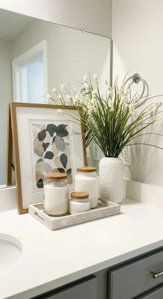 13 Bathroom Counter Decor Ideas for a Stylish and Organized Bathroom 16 13. Layer Different Heights for Dynamic Bathroom Counter Decor