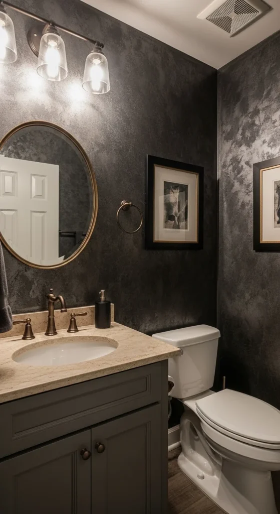 17 Stunning Moody Powder Bathroom Ideas for Small Spaces 16 13. Moody Metallic Elements That Reflect Soft Shadows