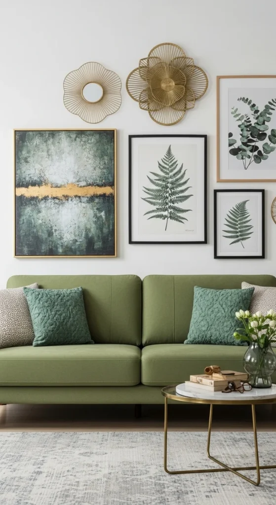 17 Green Couch Living Room Ideas for a Fresh and Vibrant Home 16 13. Statement Art and Wall decor