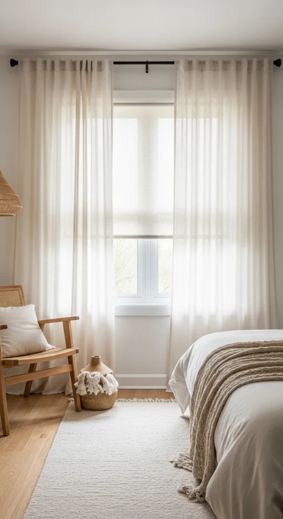 19 Natural Bedroom Oasis Ideas for a Calm Sleep Sanctuary 16 13. Use Sheer Curtains to Maintain Soft Natural Light