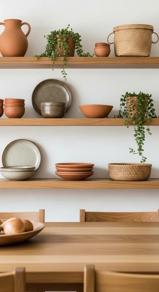 19 Organic Dining Room Ideas for Calm Nature Inspired Space Ideas 17 14. Add Simple Wooden Shelves for Display