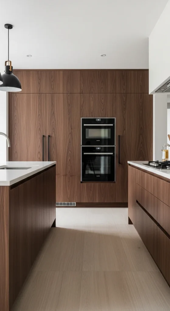 17 Modern Walnut Kitchen Cabinets Ideas for Stylish Design 17 14. Dark Walnut Cabinets with Light Flooring