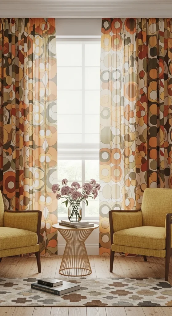 15 Creative 70s Interior Design Retro Look Ideas for Stylish Living Spaces 17 14. Patterned Curtains and Window Treatments