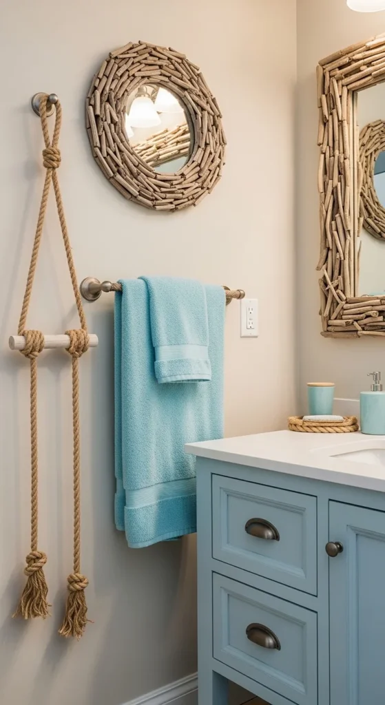 19 Stunning Beach Bathroom Ideas for a Coastal Retreat 17 14. Rope and Nautical Hardware for Unique Detailing