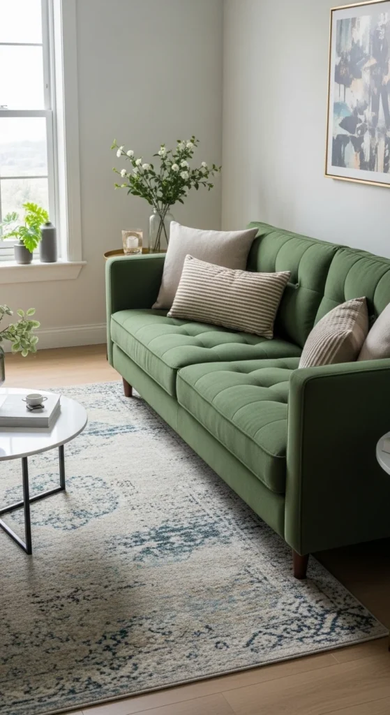 17 Green Couch Living Room Ideas for a Fresh and Vibrant Home 17 14. Using Area Rugs to Anchor the Space