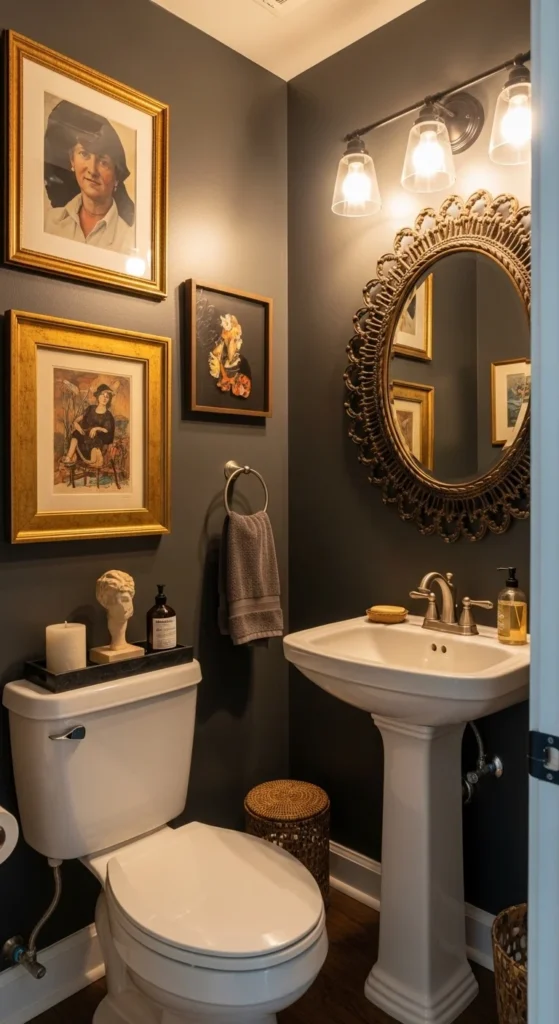 17 Stunning Moody Powder Bathroom Ideas for Small Spaces 18 15. Eclectic Moody Powder Room with Art Focused Styling