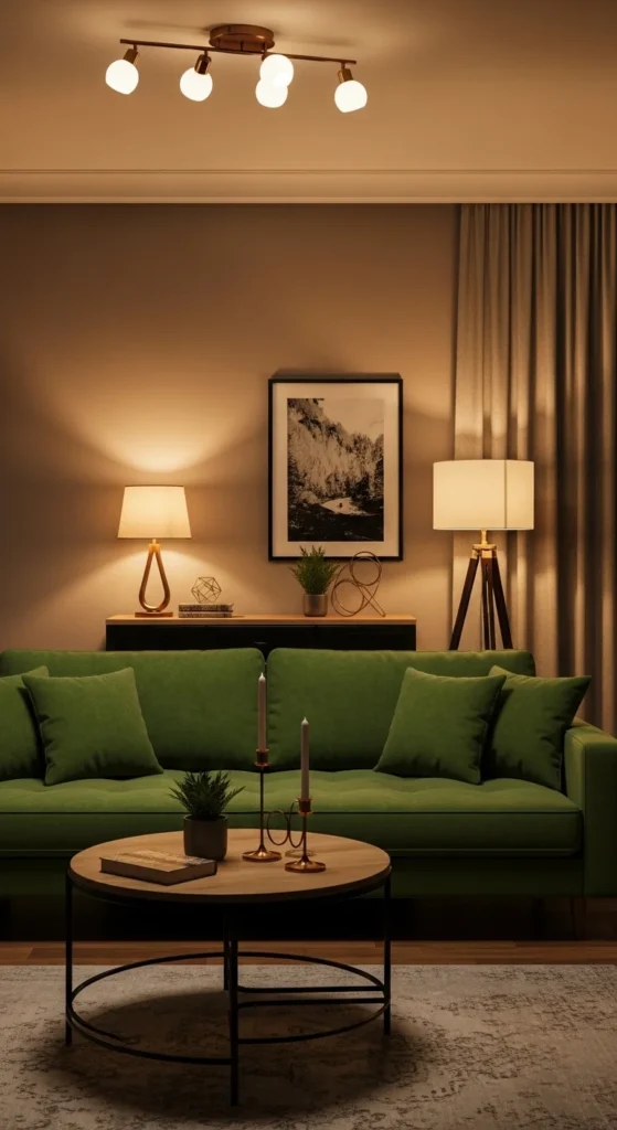 17 Green Couch Living Room Ideas for a Fresh and Vibrant Home 18 15. Layering Lighting for Ambiance