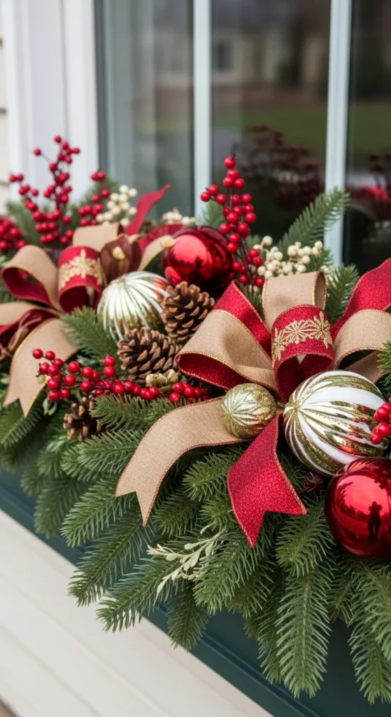 15 Christmas Window Box Ideas to Transform Your Home Exterior 18 15. Mixed Texture Christmas Window Box with Layers and Depth