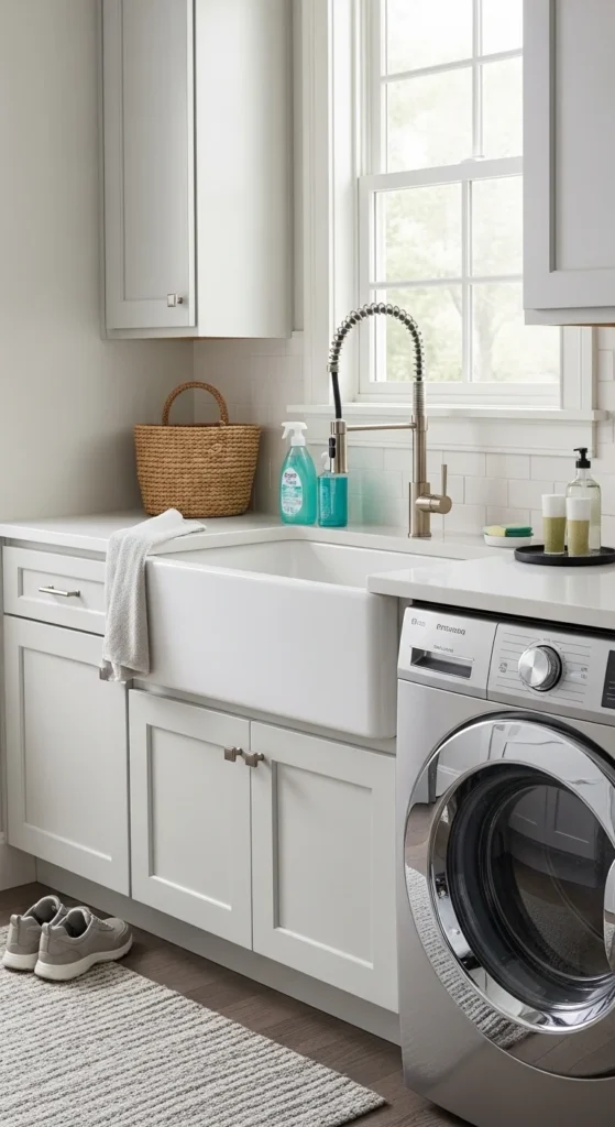 19 Laundry Mud Room Ideas That Combine Style, Storage, and Smart Organization 18 15. Multi Functional Utility Sink with Storage Base
