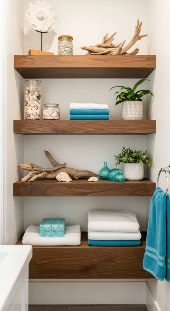 19 Stunning Beach Bathroom Ideas for a Coastal Retreat 18 15. Open Shelving with Curated Coastal Decor