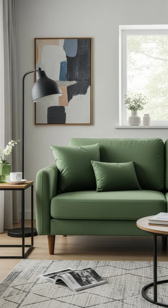 17 Green Couch Living Room Ideas for a Fresh and Vibrant Home 19 16. Family Friendly Green Couch Styling