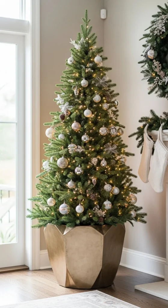 17 Christmas Tree Planter Styling Ideas for Festive Decor 19 16. Luxury Christmas Tree Planter Styling with Statement Containers